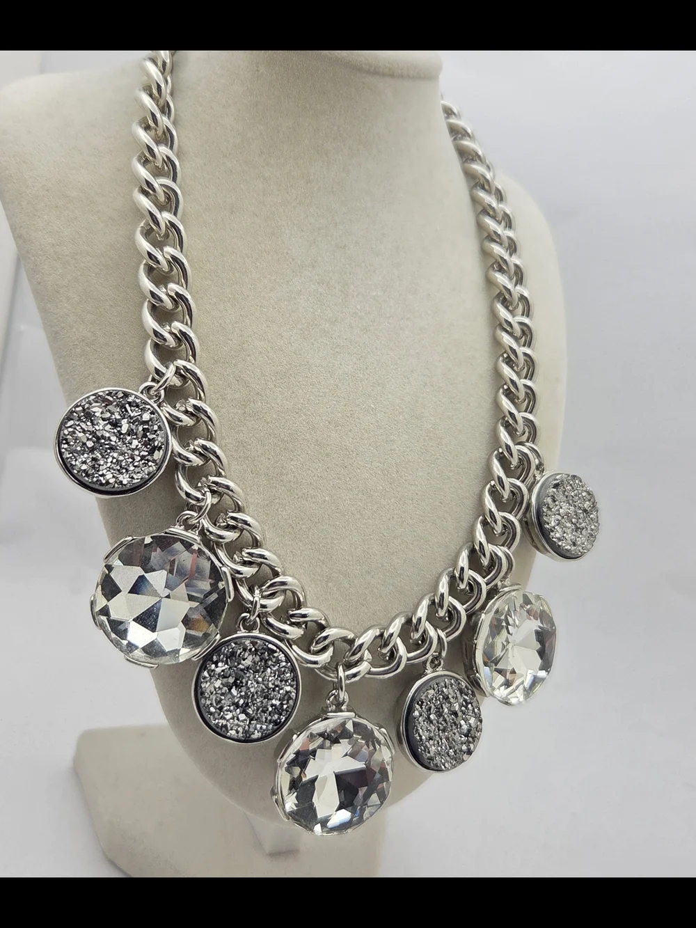 Chico's Silver Tone Chunky Chain Statement Necklace Faux Druzy Crystal 20